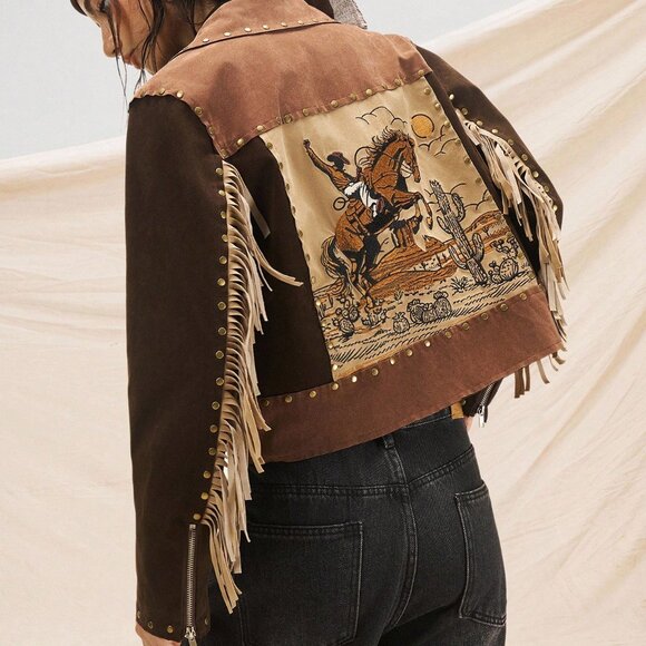 Multicolor Boho Women's Suede Fringe Jacket with Nomadic Rivets Tassel - Picture 2 of 8